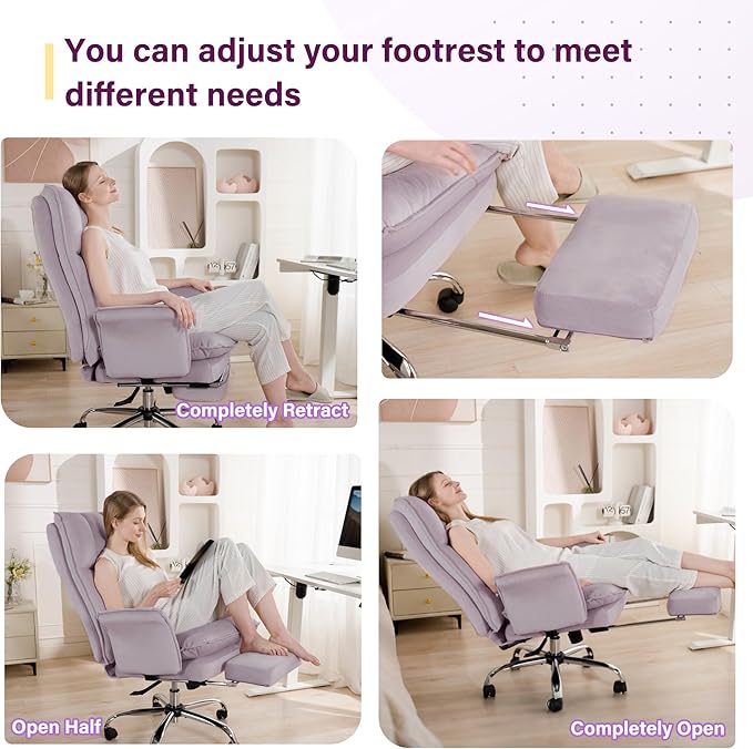 Office Chair, Modern Home Office Desk Chairs with Wheels and Retractable Footrest, Adjustable Backrest Velvet High Back Office Chair, Computer Chairs for Bedroom (Light Purple)