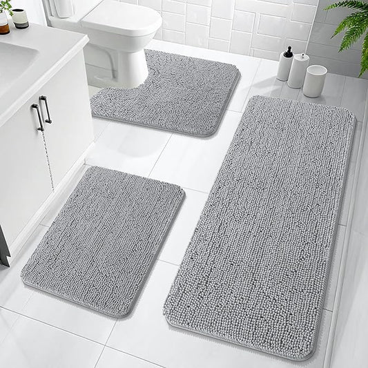 OLANLY Bathroom Rugs Sets 3 Piece, Soft Absorbent Chenille Bath Mats and U-Shaped Contour Toilet Rug, Quick Dry, Home Decor Accessories, Bath Mat Set for Floor (47"x20"+24"x16"+24"x20", Light Grey)