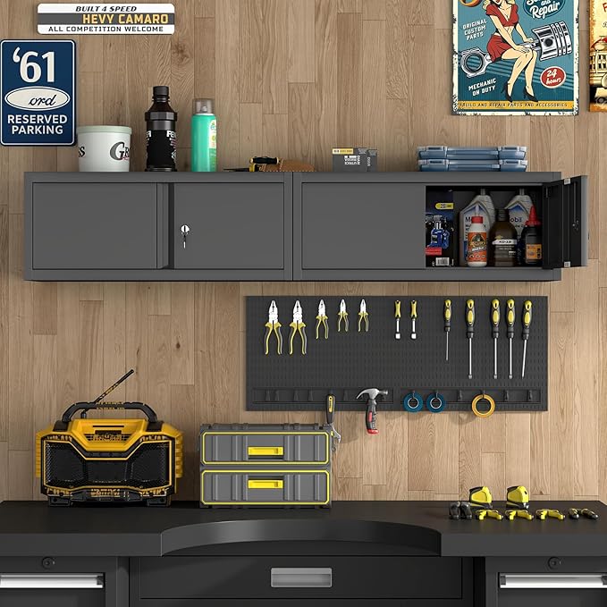 LUCYPAL Metal Garage Storage Cabinets,12.8" H Metal Wall Cabinet with Locking Doors,Upper Tool Cabinet with Shelf for Home Office,Kitchen,Garage,Workshop,Black