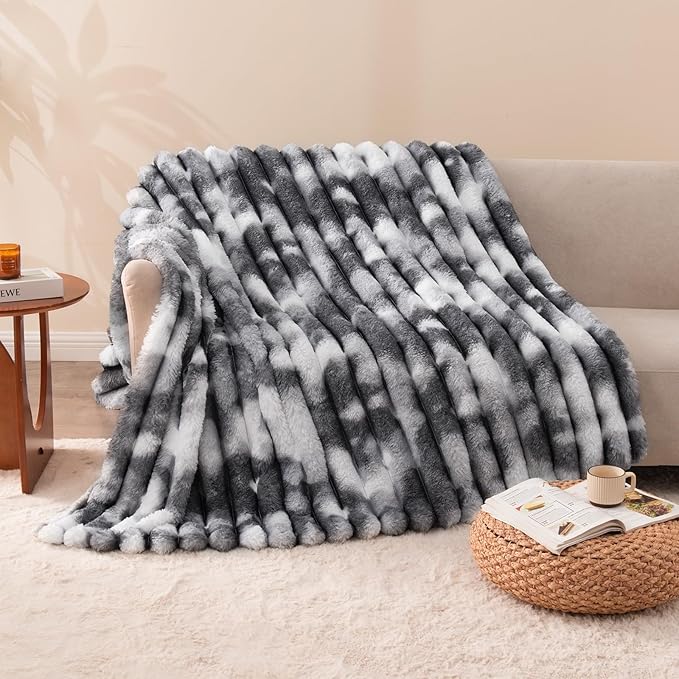 Throw Blanket for Couch - 50" x 60" Faux Rabbit Fur Throw Blanket Cozy Soft Warm Blankets for Bed Sofa Bedroom Living Room Fluffy Striped Blankets for Fall Winter, Home Decor, Grey