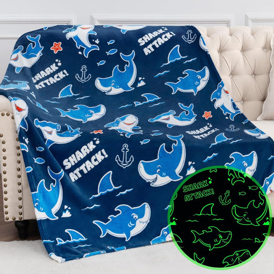 Jekeno Shark Glow in The Dark Blanket Gifts for Girls Boys Christmas Birthday Kids Teens Age 1 2 3 4 5 6 7 8 9 10 12 13 14 15 16 Years Old Child Ocean Anchor Throw Blue 50"x60"