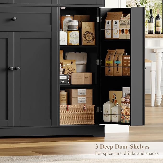 HOSTACK 68" Tall Kitchen Pantry Storage Cabinet, Modern Kitchen Hutch Cabinet with Doors and Shelves, Freestanding Food Pantry with Large Storage Drawer for Dining Room, Living Room, Black