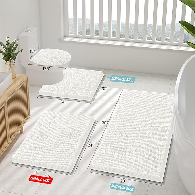 Smiry Luxury Chenille Bathroom Rugs 34x21, Extra Soft and Absorbent Shaggy Bath Mat, Machine Washable, Non-Slip Plush Carpet Runner for Tub, Shower, and Floor, Home Decor Accessories, Ivory