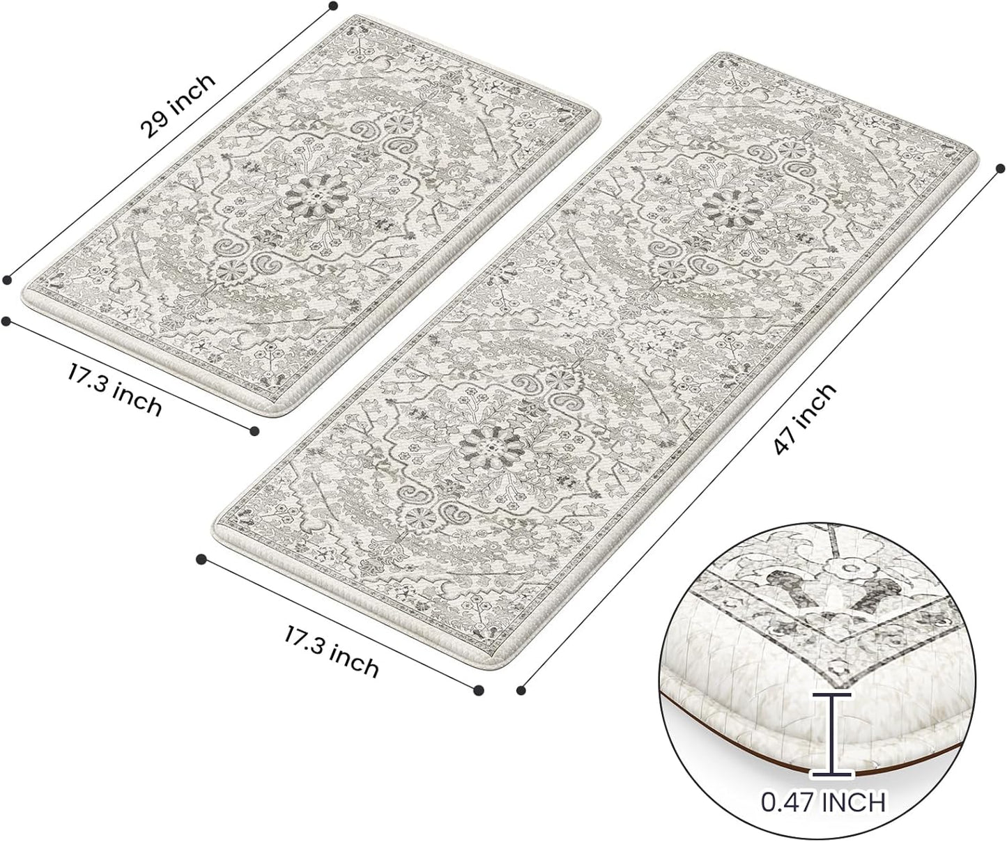 KIMODE Kitchen Mats Cushioned Anti Fatigue, Boho Vintage Grey Kitchen Rugs Sets of 2, Non-Slip Kitchen Mats for Floor, Padded Kitchen Floor Mat for Sink, Laundry, Office, Desk,17"x47"+17"x29"