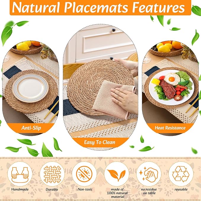 6 Sets Boho Placemats Round Woven Placemats, Cloth Napkins, Wood Bead Napkin Rings, Long Table Runner and Farmhouse Rustic Natural Burlap Cotton for Kitchen Dining Table Home (Blue)