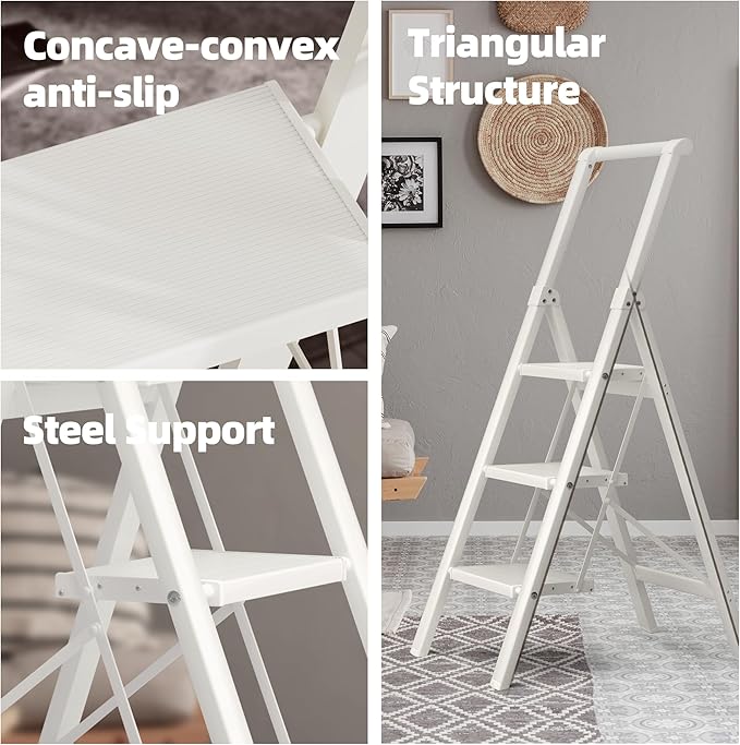 HillhutApex 3 Step Foldable Aluminum Step Ladder with Handgrip, Anti-Slip Pedal, 330 lbs Capacity, Lightweight & Portable for Home, Kitchen, Office, Garage (White)