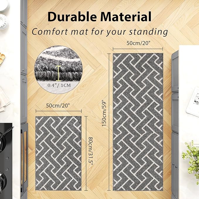 hicorfe Kitchen Rugs and Mats Sets,Non-Slip 2 Pieces Absorbent 100% Polypropylene Rug,Comfort Kitchen Runner Mat,Washable for Kitchen,Sink,Laundry(20" x 31.5" Plus 20" x 59",Grey)