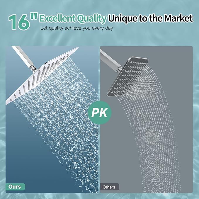 SR SUN RISE 16 Inch Rain Shower Head, High Pressure Rainfall Showerhead Large Waterfall Shower Head Ultra Thin Water Saving, Polished Chrome 304 Stainless Steel