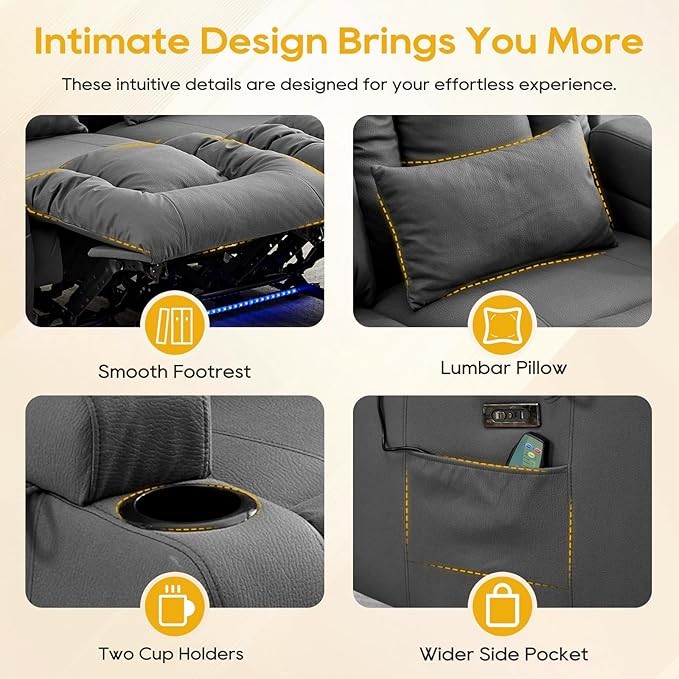 IPKIG 54" Power Reclining Loveseat Sofa, Electric Home Theater Seating with 4 Colors Ambient Lighting/USB Ports/Cup Holders for Living Room, Bedroom, Home, RVs(Dark Grey, 2 Seater)