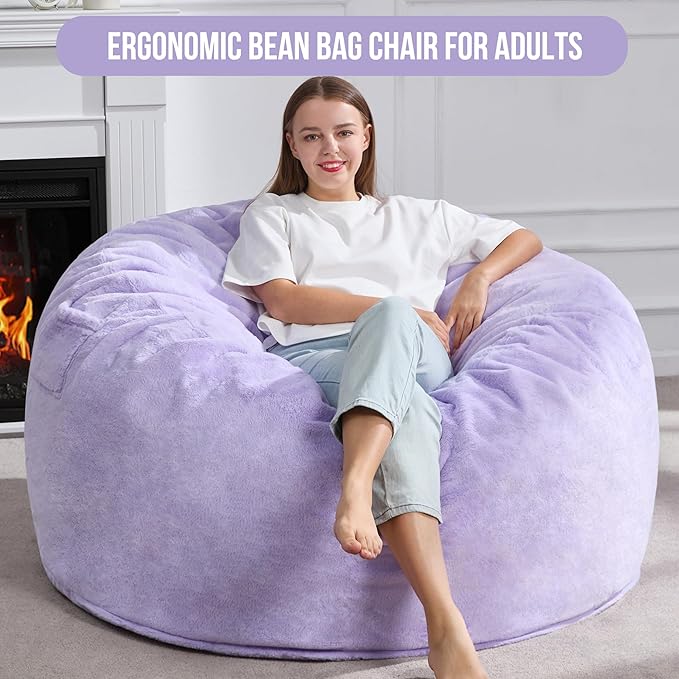 Hobestluk 5ft Bean Bag Chairs for Adults Large Beanbag Chair with Plush Faux Fur Cover Big Bean Bag Chair for Living Room Bedroom Dorm Office - Purple (50” x 50” x 24”)