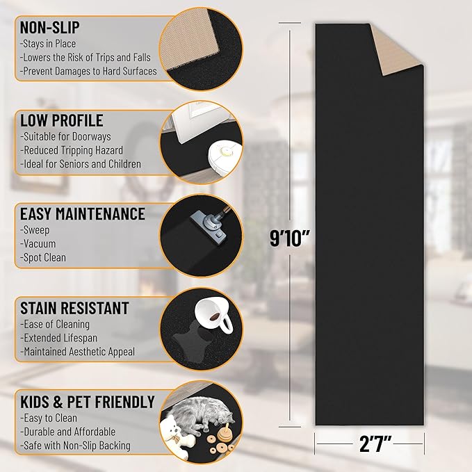 Ottomanson Hallway Runner Rug 2'7" x 9'10" Non Slip Solid Area Rugs Easy to Clean Laundry Rug Runner Durable & Pet Friendly Floor Carpet Runners for Hallways Entryway Living Room Kitchen, Black