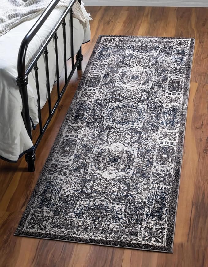 Keen Home Design Area Rugs - Non-Shedding, Thick Pile Abstract Rugs for Kitchen, Living Room, Bedroom, Dining Room, Entryway (Medallion Grey/Blue/Cream, 2'8'' x 7'7'')
