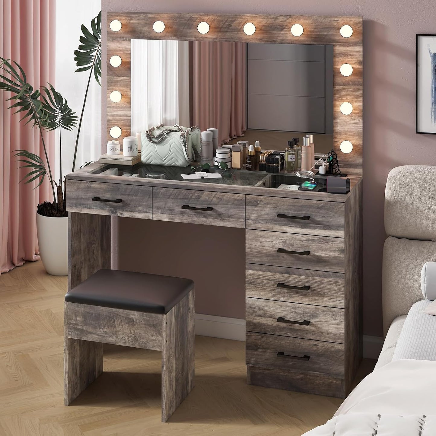 Karl home Vanity Desk with Large Lighted Mirror & Powre Outlet, Glass Tabletop Makeup Vanity Set with 7 Drawers, 45.3" Vanity Table with 3 Color Lighting Modes, Dressing Table for Women Girls, Gray