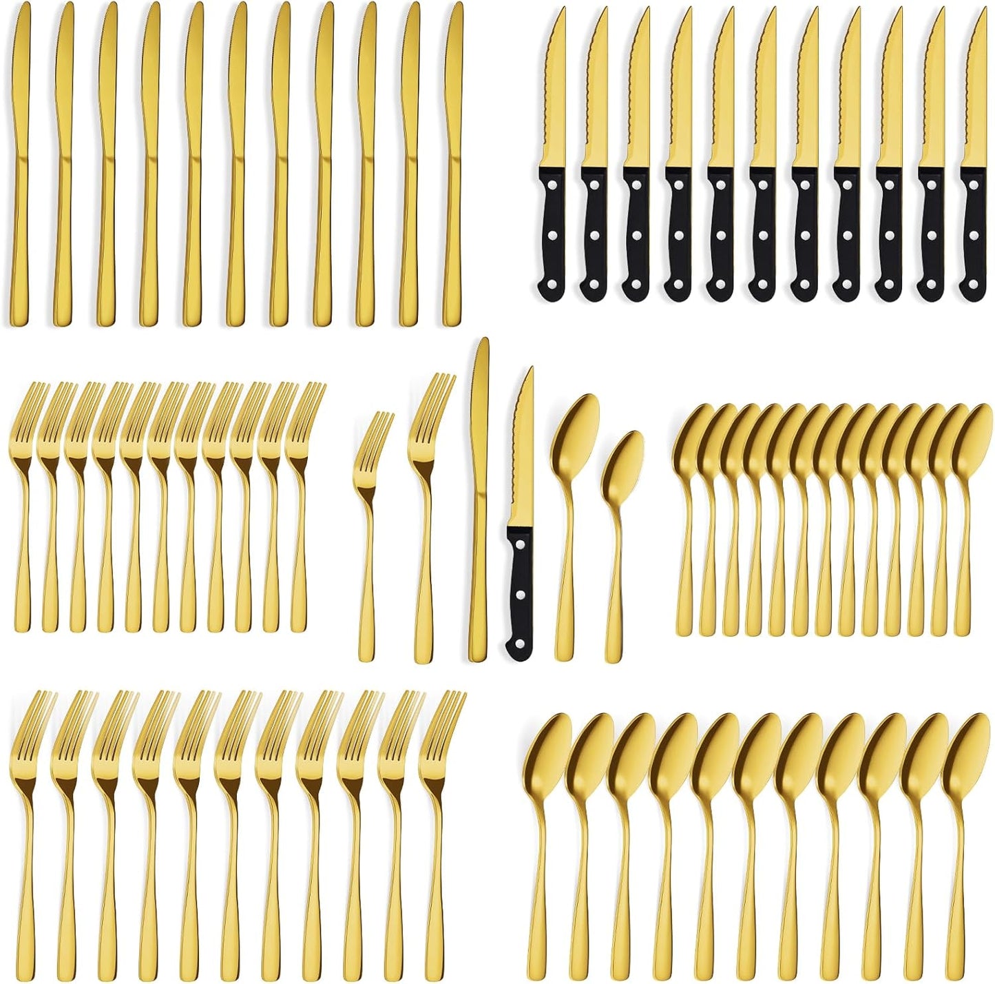 BEWOS 72-Pieces Gold Silverware Set for 12 - Stainless Steel Flatware Set with Mirror Polish, Gold Silverware Set Including Steak Knives, Forks and Spoons, Dishwasher Safe for Restaurant