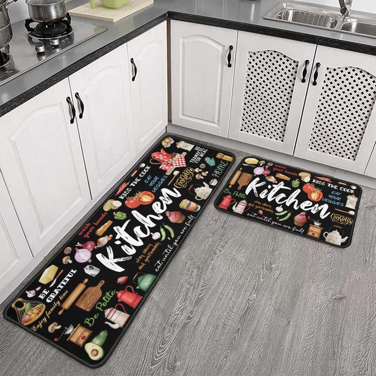 Kitchen Rugs Kitchen Decor Rugs Set Kitchen Rules Theme Non Skid 2 Piece Kitchen Mats for Floor Washable Absorbent Microfiber Kitchens Accessories Decoration Floor Mats 17"x47"+17"x30"