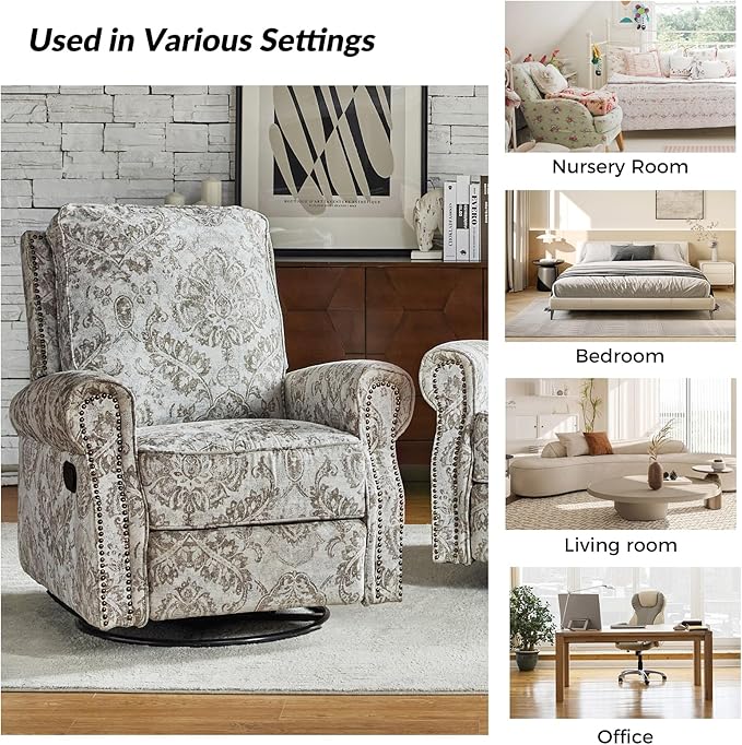 HULALA Home Modern Rocker Recliner, Printed Fabric Swivel Glider with Adjustable Backrest & Footrest, Beige