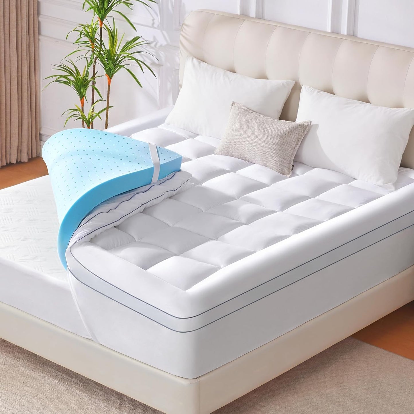 King Memory Foam Mattress Topper, 4 Inch Gel Cooling Mattress Pad with Pillow Top Mattress Topper King Size Cover, 8-21" Deep Pocket and Support for Back Pain (White)