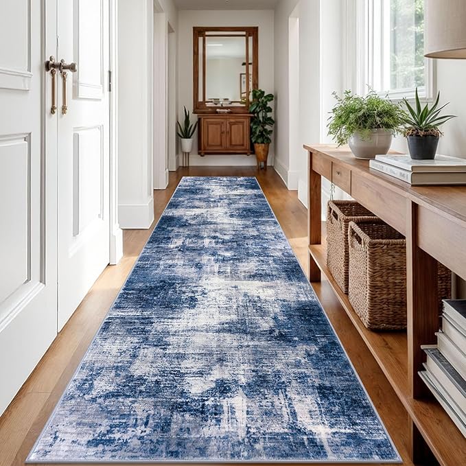 IOHOUZE Abstract Runner Rug 3x12 Ft Washable Runners for Hallways, Non Slip Kitchen Runner Printed Faux Wool Entryway Runner Indoor, Modern Abstract Floor Carpet for Hall Kitchen, Navy/Grey