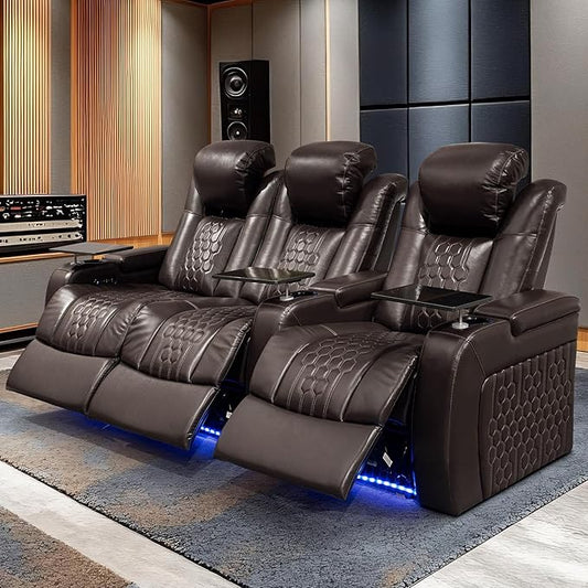 Home Theater Seating, Living Room, Powered Headrest, Powered Lumbar, Italian Leather, Powered Recline, Single Recliner (Coffee Color, Row of 3 Loveseat Left)