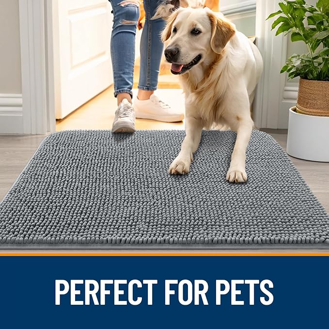 OLANLY Dog Door Mat for Muddy Paws 40x24, Absorbs Moisture and Dirt, Absorbent Non-Slip Washable Doormat, Quick Dry Chenille Mud Mat for Dogs, Entry Indoor Entryway Carpet for Inside Floor, Grey