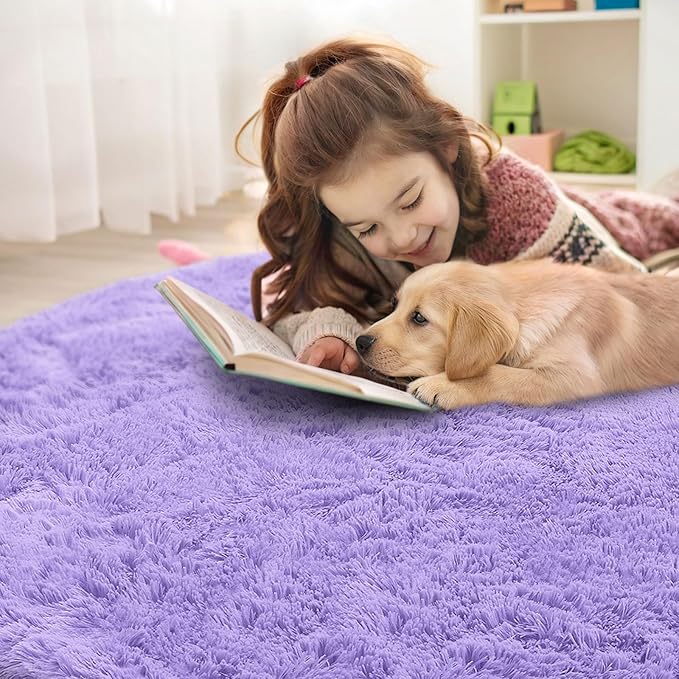 OLANLY Light Purple Round Rugs for Bedroom - Machine Washable, 9 ft Circle Area Rugs for Living Room, Soft and Fluffy Shaggy Carpet for Teen Girls and Boys, Nursery Rooms, Dorms, Home Decor Aesthetic