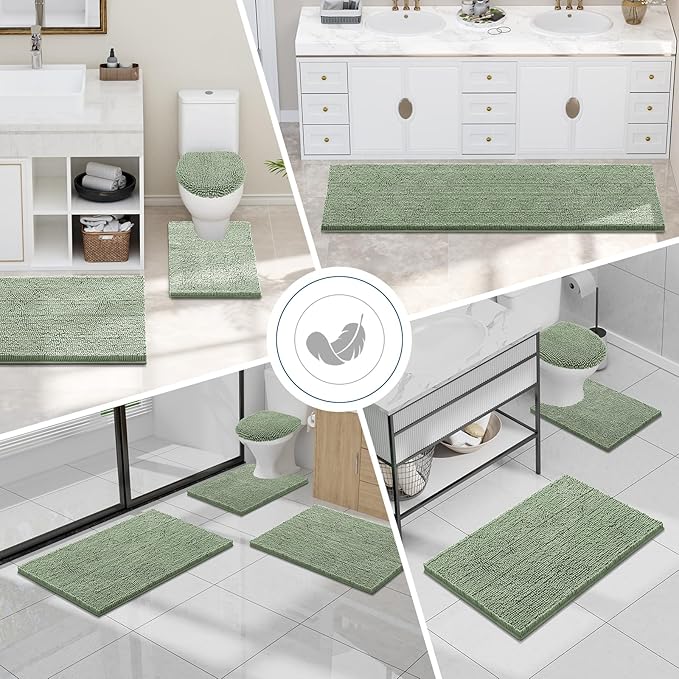 Smiry Luxury Chenille Bathroom Rugs 34x21, Extra Soft and Absorbent Shaggy Bath Mat, Machine Washable, Non-Slip Plush Carpet Runner for Tub, Shower, and Floor, Home Decor Accessories, Sage Green