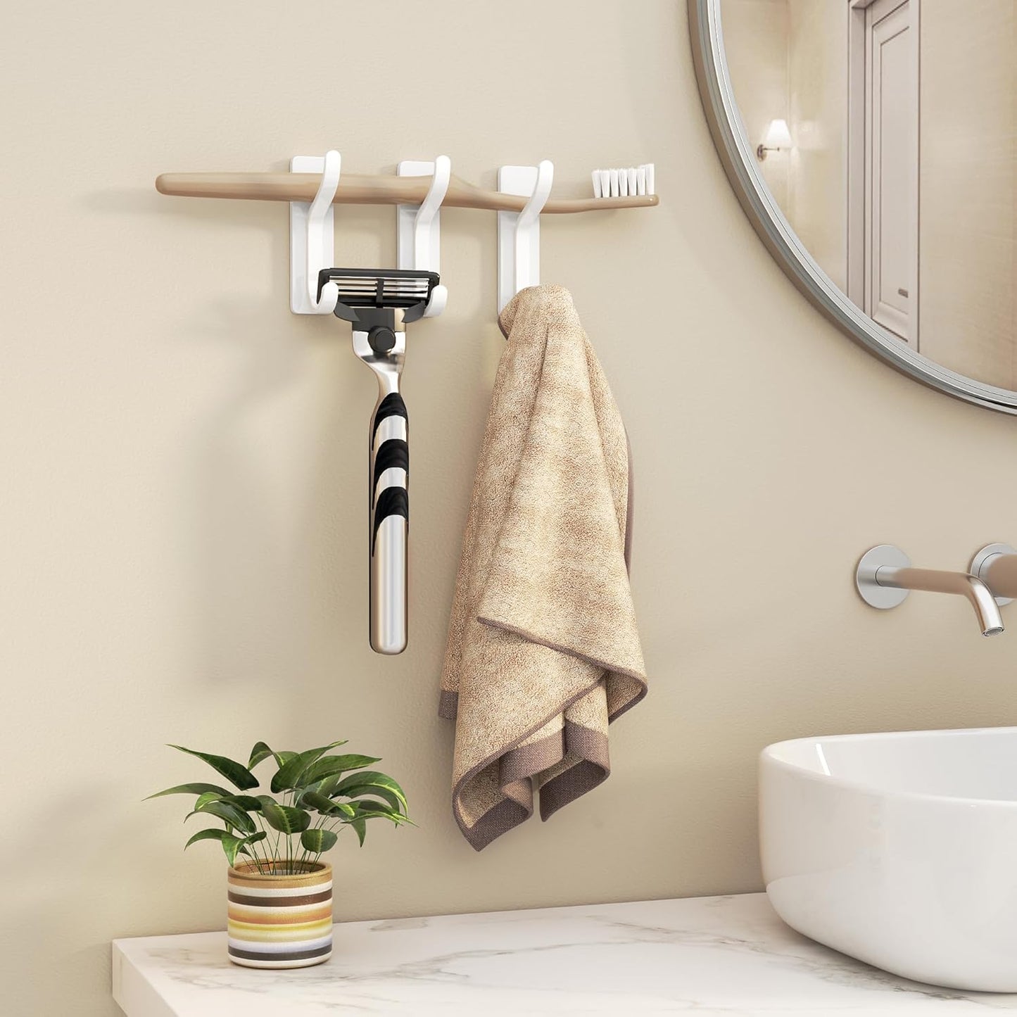 Self Adhesive Wall Hooks for Hanging - 6 Pack Stick On Holds 13 LB, Door Hooks for Towels, Coats, Purse, Jackets, Bags, Hangers for Shower, Dorm, RV, Bathroom, Kitchen - Stainless, Metal, White