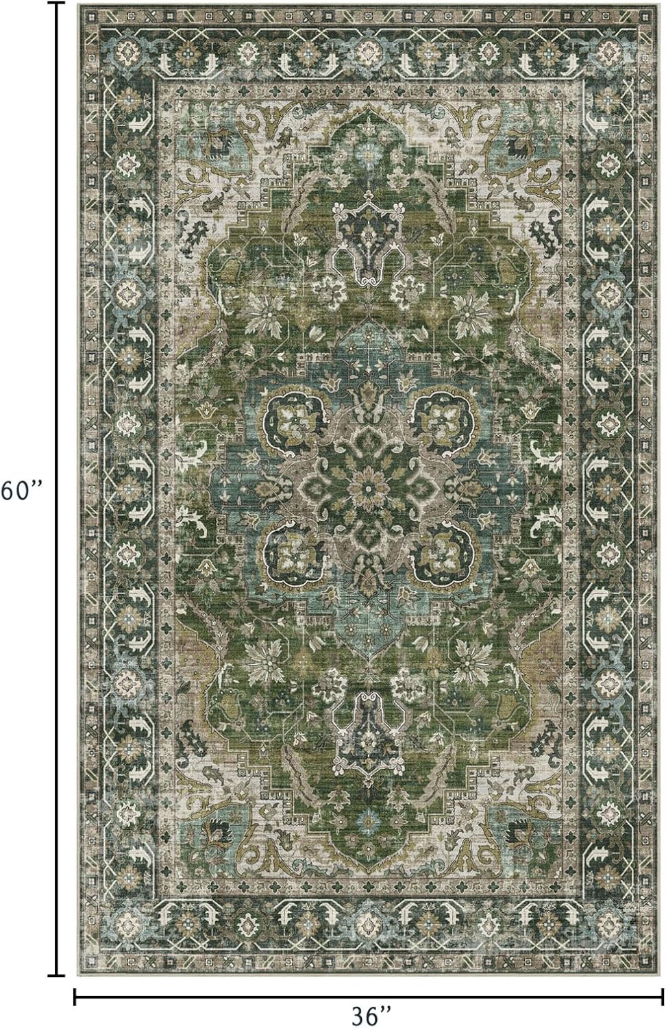 3x5 Washable Area Rug - Small Entryway Rug Non-Slip Moss Green Vintage Oriental Kitchen Rugs Low Pile Boho Carpet Throw Rugs for Living Room Bedroom Bathroom Entrance Dorm Office Home Decor