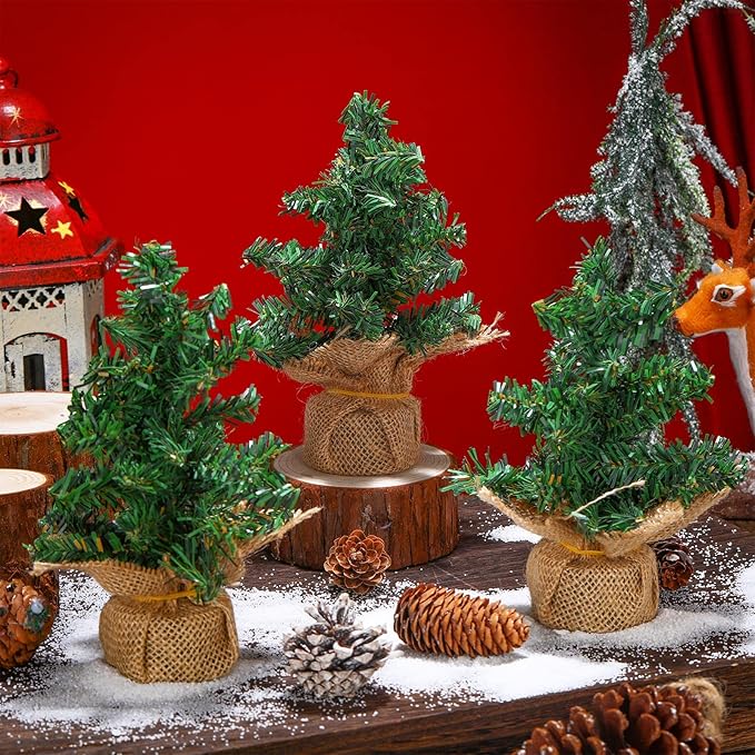 Yinder Tabletop 6 Pcs Mini Christmas Tree 7.87 Inch Artificial Mini Xmas Miniature Pine Christmas Tree with Linen Base for Xmas Holiday Decorations Indoor Home Kitchen Dining Table
