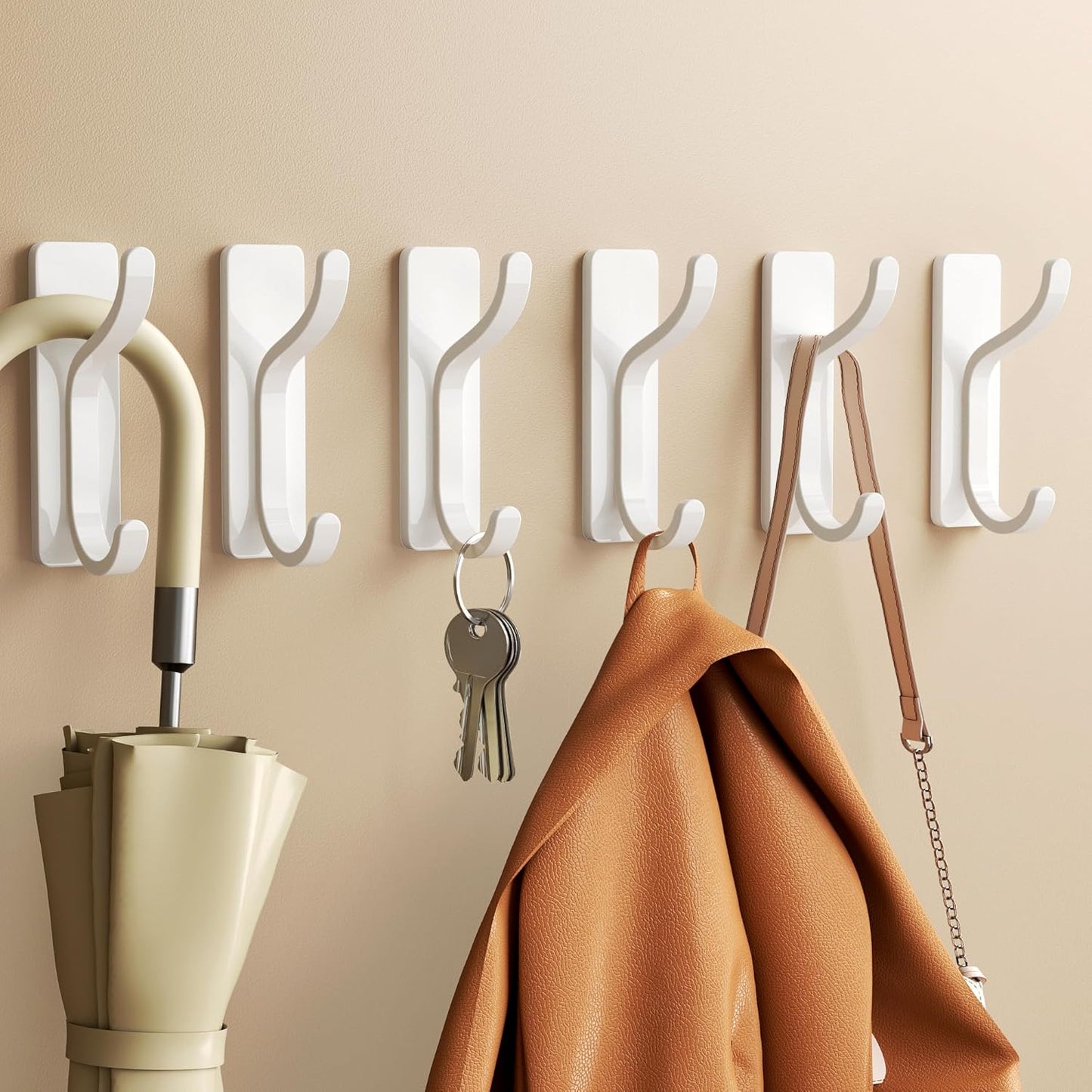 Self Adhesive Wall Hooks for Hanging - 6 Pack Stick On Holds 13 LB, Door Hooks for Towels, Coats, Purse, Jackets, Bags, Hangers for Shower, Dorm, RV, Bathroom, Kitchen - Stainless, Metal, White