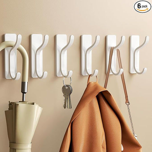 Self Adhesive Wall Hooks for Hanging - 6 Pack Stick On Holds 13 LB, Door Hooks for Towels, Coats, Purse, Jackets, Bags, Hangers for Shower, Dorm, RV, Bathroom, Kitchen - Stainless, Metal, White