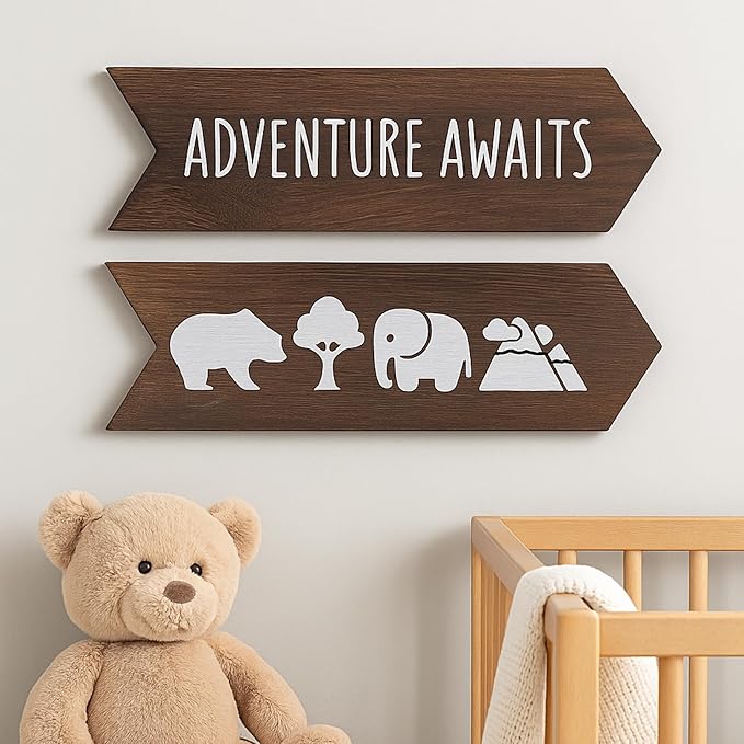 Nursery Wall Decor - 2 Pcs Wood Adventure Awaits Sign, Nursery Decor For Kids Room, Safari Theme Woodland Decorations, Toddler Easter Gifts for Babies - 14 x 10 inch