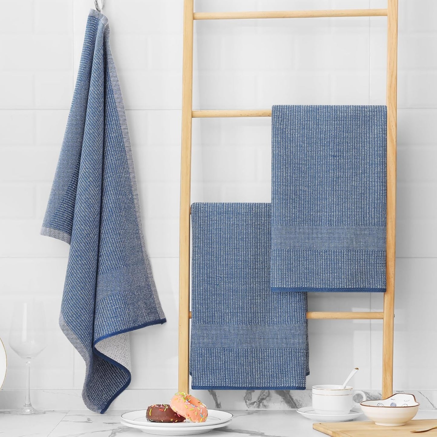 Homaxy Premium Kitchen Towels(18”x 28”, 12 Pack), Large Cotton Kitchen Hand Towels, Flat and Terry Dish Towels, 380 GSM Highly Absorbent Tea Towel Set with Hanging Loop, Navy Blue