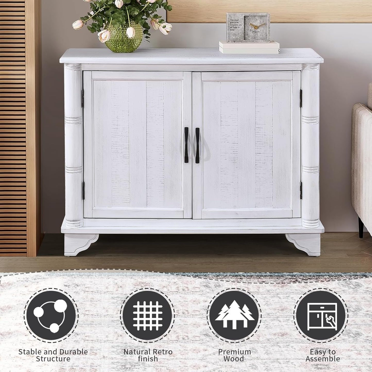 HMFULE 40" Sideboard Cabinet 2-Doors Solid Wood, Buffet Cabinet with Storage Adjustable Shelf, Antique Console Table Accent for Hallway, Living Room, Dining Room, Kitchen, Entry Way (White)