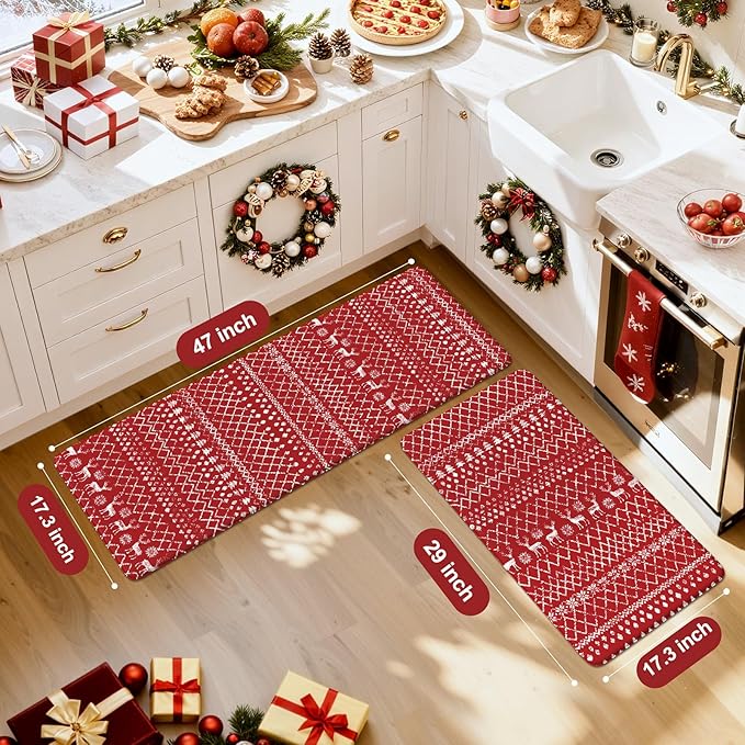 KIMODE Christmas Kitchen Rugs Sets of 2, Anti Fatigue Mats for Kitchen Floor, Farmhouse Red Christmas Kitchen Decor, Cushioned Kitchen Floor Mats Non Slip for Sink Laundry Desk 17"x47"+17"x29"