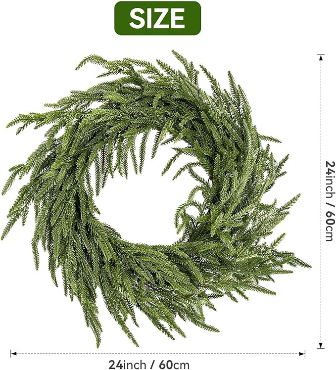 24" Norfolk Pine Wreath for Front Door, Real Touch Norfolk Pine Wreath Artificial Green Wreath Greenery Realistic Wreath Holiday Decoration for Home Decor