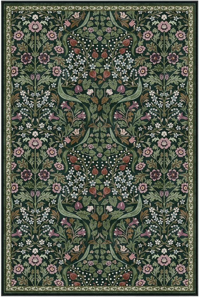 Lahome Floral Living Room Rug, 6x9 Soft Washable Rugs for Bedroom, Thin Green Area Rug for Dining Room, Non Shedding Print Carpet for Guestroom