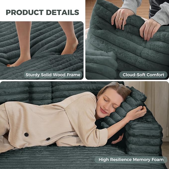 HUSFU Chaise Lounge Chair Indoor, 60'' Oversized Sleeper Sofa, Chaise Lounge Reading Chairs for w/Cup Holder and USB&Type C Port, Plush Faux Fur Cloud Sofas Couches for Living Room, Grey Blue, 2PCS