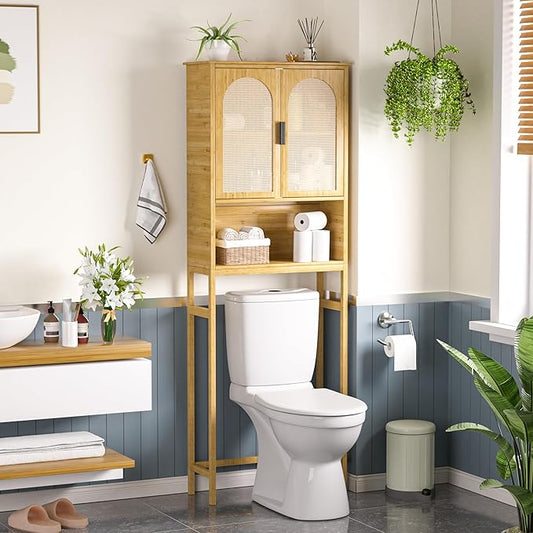 MUPATER 66.9'' Bamboo Over The Toilet Storage Cabinet, Bathroom Space Saver, U-Shaped Door with Rattan Surface, Over Toilet Bathroom Organizer with Open Storage Shelf, Natural