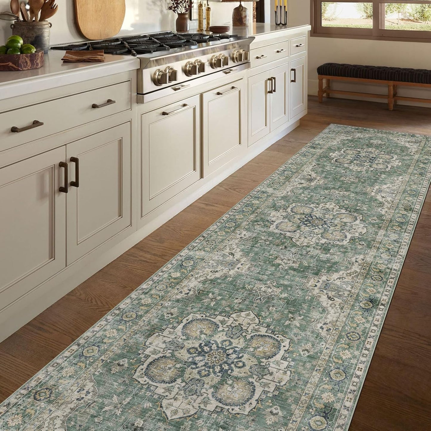 Washable Hallway Runner Rug 2.5x12ft - Long Non-Slip Sage Green Boho Runner Rug Low Pile Stain Resistant Soft Vintage Oriental Runners for Hallways Kitchen Living Room Indoor Entryway Bedroom