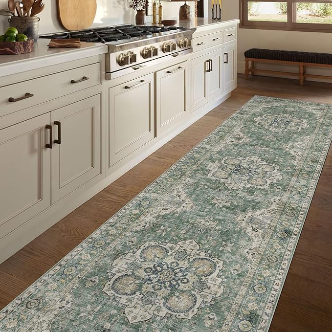 Washable Hallway Runner Rug 2.5x12ft - Long Non-Slip Sage Green Boho Runner Rug Low Pile Stain Resistant Soft Vintage Oriental Runners for Hallways Kitchen Living Room Indoor Entryway Bedroom