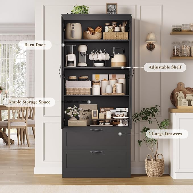 HOSTACK 70" Tall Kitchen Pantry Storage, Barn Doors Pantry Cabinet with Drawers and Adjustable Shelf, Modern Farmhouse Storage Cabinet for Kitchen, Dining Room, Living Room, Bathroom, Black