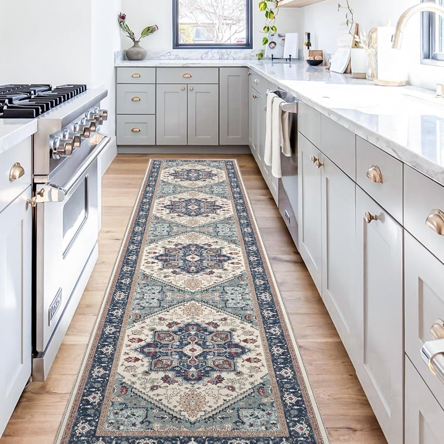 OPPODREAM Soft Entryway Rug 2x10, 2x10 Rug Runner, Washable Hallways Carpet 2 x 10 with Non Slip Backing, Low-Pile Bedside Carpet 2 x 10, Long, Faux Cashmere, Navy Blue & Red & Cream