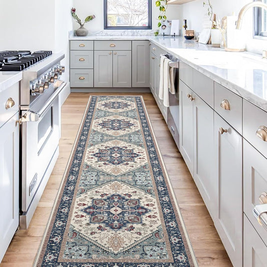 OPPODREAM Soft Entryway Rug 2x10, 2x10 Rug Runner, Washable Hallways Carpet 2 x 10 with Non Slip Backing, Low-Pile Bedside Carpet 2 x 10, Long, Faux Cashmere, Navy Blue & Red & Cream