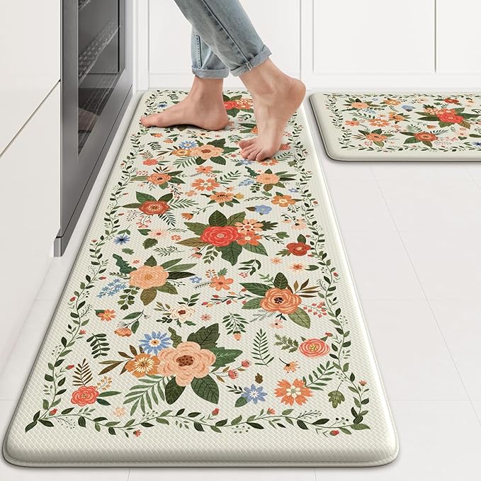 KIMODE Kitchen Mats for Floor Anti Fatigue, White Floral Rugs for Kitchen Floor, Padded Kitchen Floor Mats, Cushioned Kitchen Mats for Floor 2 Piece for Laundry Office Sink Desk 17"x47"+17"x29"