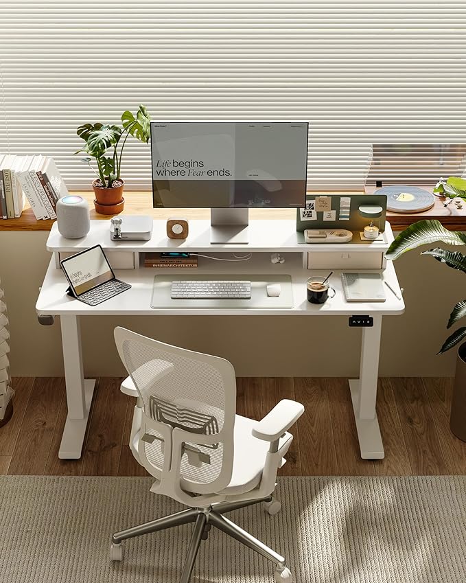 FEZIBO 60 x 24 Inch Height Adjustable Electric Standing Desk with Double Drawer, Sit Stand Desk, Home Office Stand Up Table with 4 Height-Adjustable Feets & 2 Hooks, White