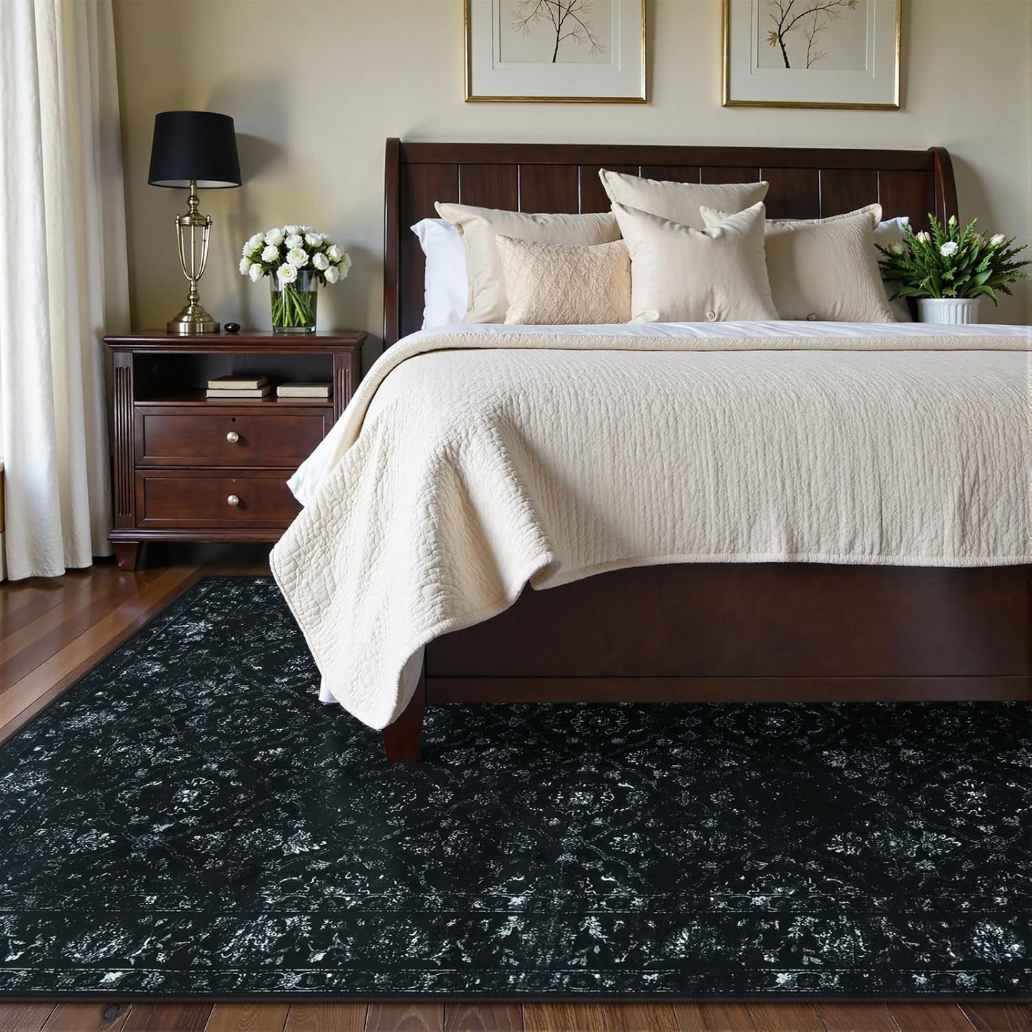 Vintage Black Rug for Bedroom, Non Slip Washable Area Rugs 5x7 for Living Room, Ultra-Thin Soft Boho Bedroom Rug for Dining Room Office (5'x7', Black)