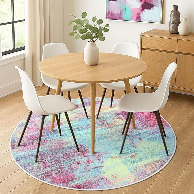 IOHOUZE Abstract Round Area Rug 6 Ft Washable Circle Rugs Large Round Rug Non Slip Thin Soft Circle Rugs, Printed Faux Wool Floor Carpet for Bedroom Living Room Dining Room Nursery, Pink Teal