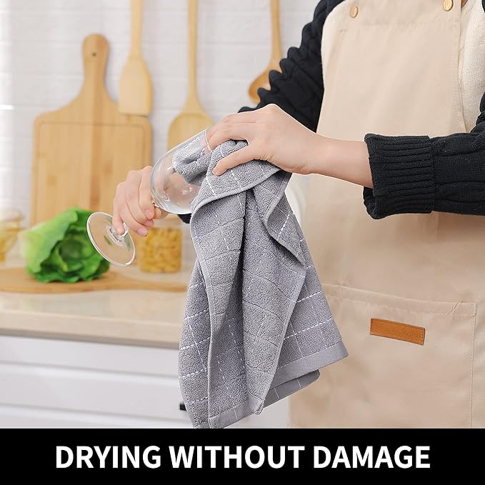 Homaxy 100% Cotton Terry Kitchen Towels(Light Grey, 13 x 28 Inches), Checkered Designed, Soft and Super Absorbent Dish Towels, 4 Pack