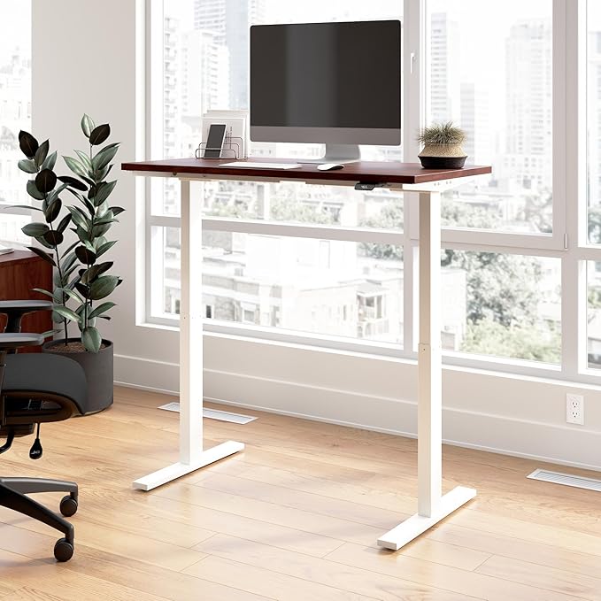 Bush Business Furniture 48-inch Electric Height Adjustable Standing Desk, Ergonomic Sit-Stand Computer Table for Home and Professional Office, Move 60 Series, Hansen Cherry with White Base